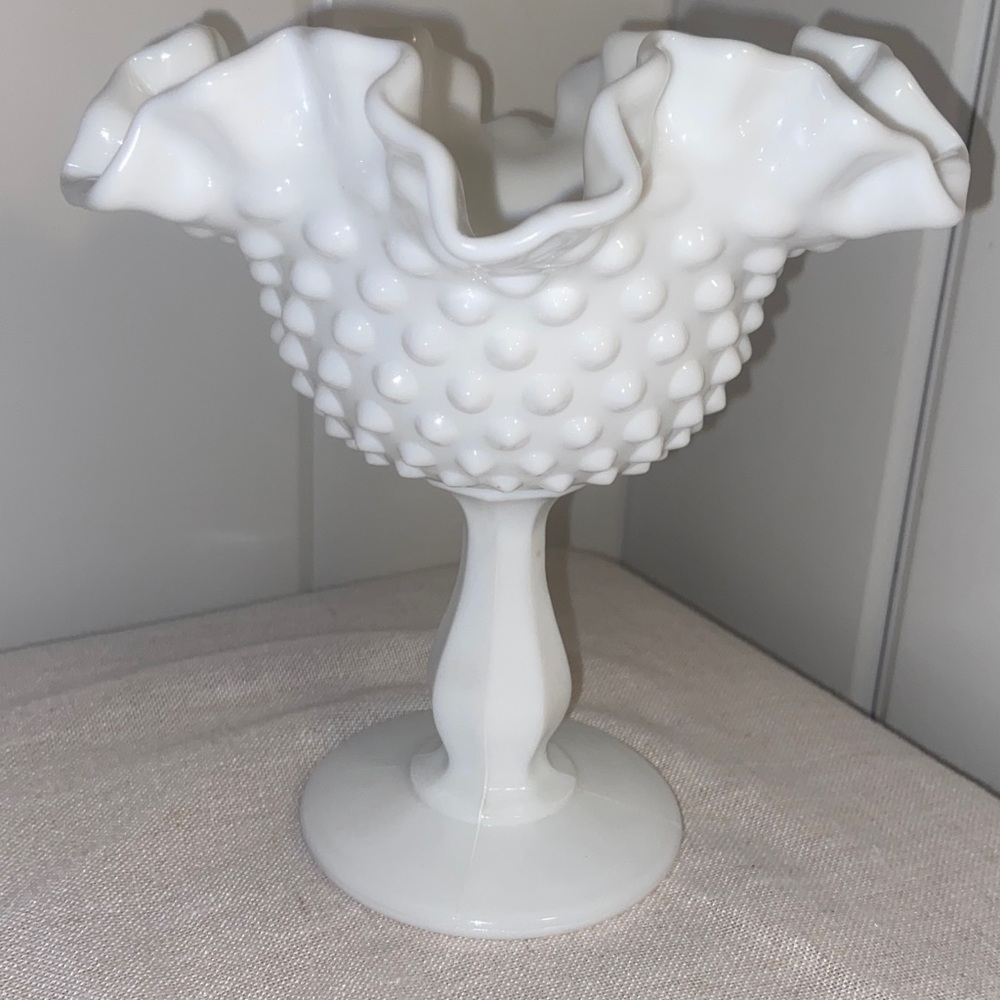 Vintage White Milk Glass Hobnail Pedestal Compote Dish Ruffled Edge Vintage Bowl